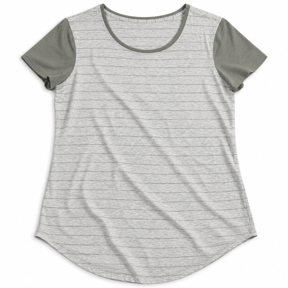 Lululemon Women Grey Striped Short Sleeve Athletic Top Curved Hem Size 10